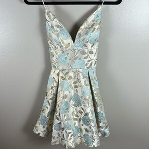 Windsor Women’s Blue Floral Mini Dress Spaghetti Straps Gold Accents NWT